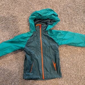 Teal and Dark Green Hooded Jacket with Orange Accents